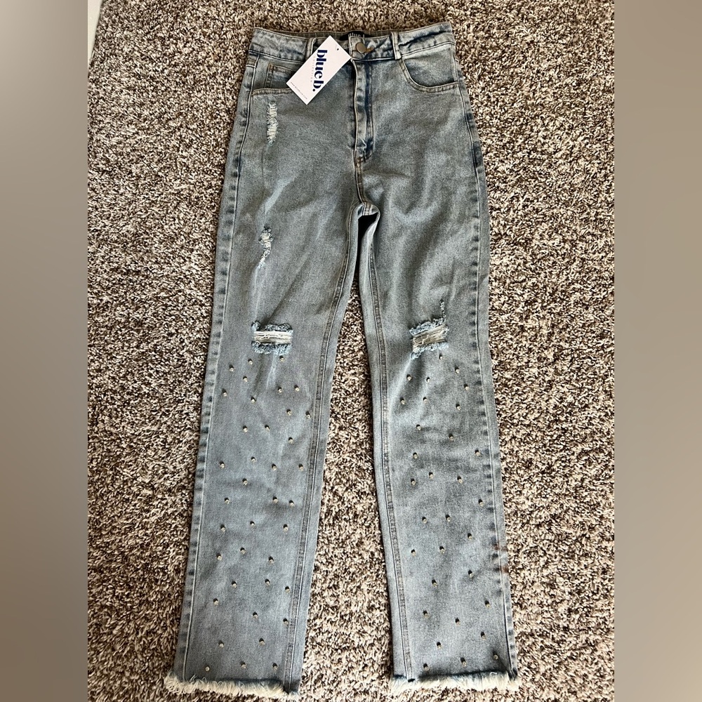 Rhinestone Straight Leg Denim Jeans - Size Medium